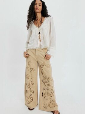 Free People Cut To The Chase Flare Jeans We The Free Embroider Cutwork Lace Tan
